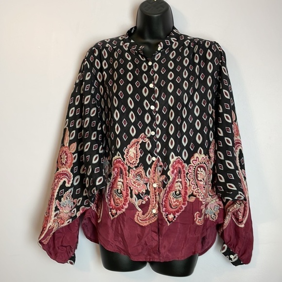 Lucky Brand 100% Silk Paisley Balloon Sleeve Button Front Shirt size M - Picture 1 of 17